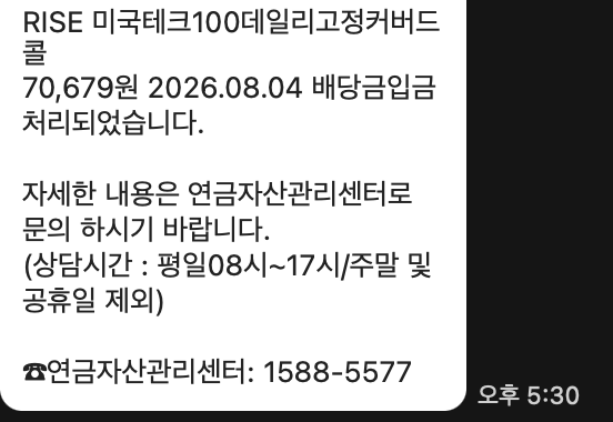 RISE 미국테크100데일리고정커버드콜 배당금 계좌별 입금 내역