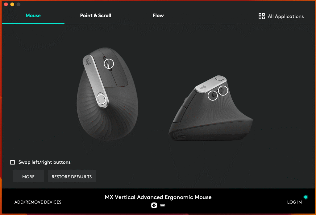 로지텍 mx vertical Logi Options 마우스 설정 화면